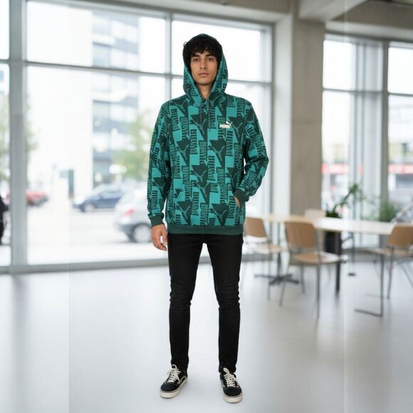 PUMA Mens Power AOP Graphic Athletic Outerwear Hoodie Teal XL - Picture 1 of 11